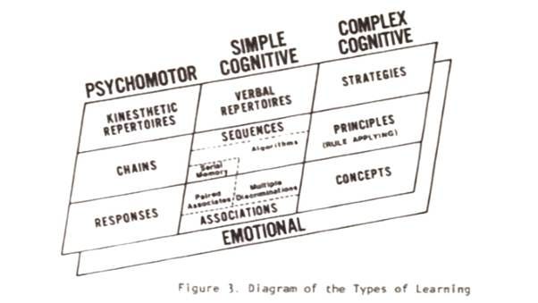 The diagram illustrates various categories of learning, including psychomotor, simple, cognitive, kinaesthetic, verbal, repertoires, strategies, sequences, chains, algorithms, principles, responses, multiple associations, and concepts, emphasizing the interconnectedness of emotional and cognitive processes.
AI-generated content may be incorrect. The diagram illustrates various categories of learning, including psychomotor, simple, cognitive, kinaesthetic, verbal, repertoires, strategies, sequences, chains, algorithms, principles, responses, multiple associations, and concepts, emphasizing the interconnectedness of emotional and cognitive processes.
AI-generated content may be incorrect.
