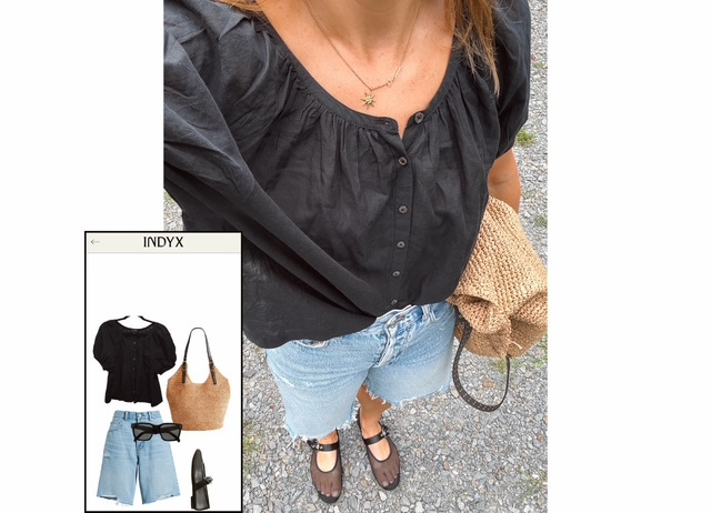 Woman wearing black button-up peasant tee, long jean Bermuda shorts, raffia bag, black sunglasses, and black mesh Mary Jane flats. Woman wearing black button-up peasant tee, long jean Bermuda shorts, raffia bag, black sunglasses, and black mesh Mary Jane flats.
