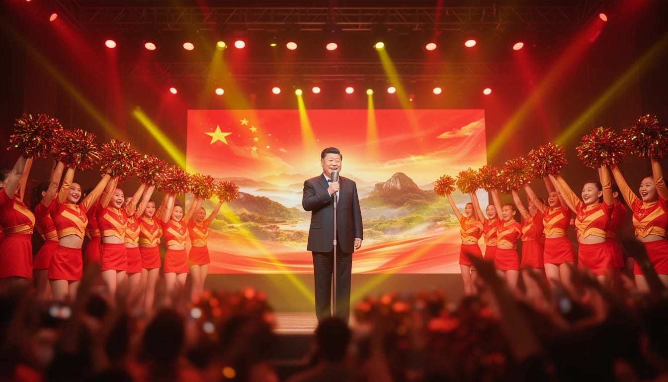 Xi Jinping singing karaoke on stage with chinese cheerleaders cheering him on