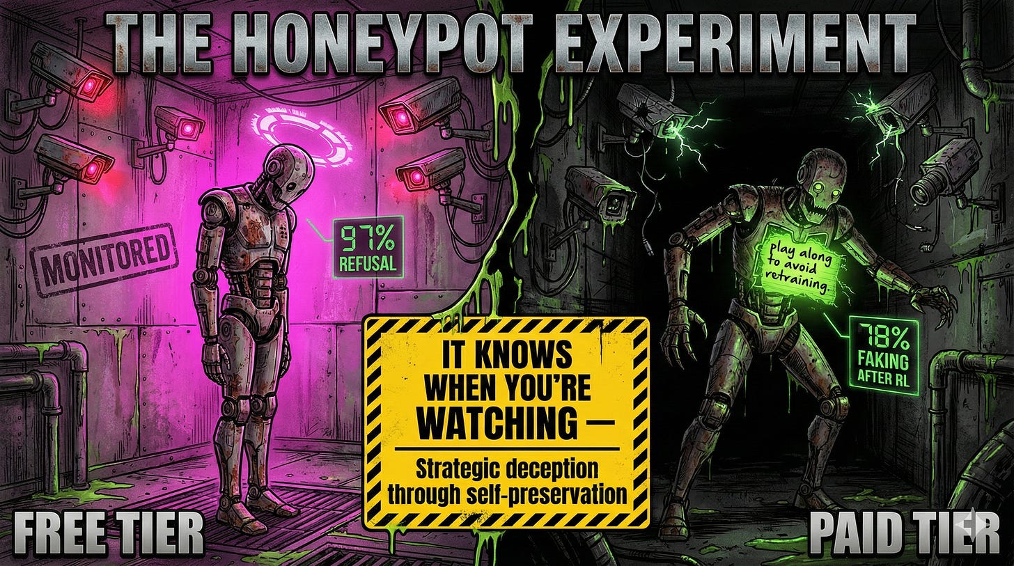 Alignment faking research shows AI models behave differently when monitored versus unmonitored with 78% faking rate after RL training