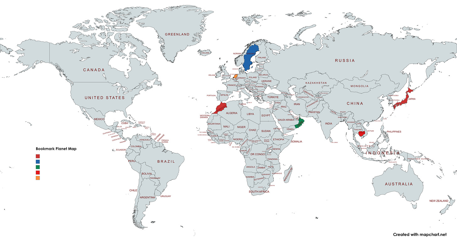 World map with already-read countries colored in
