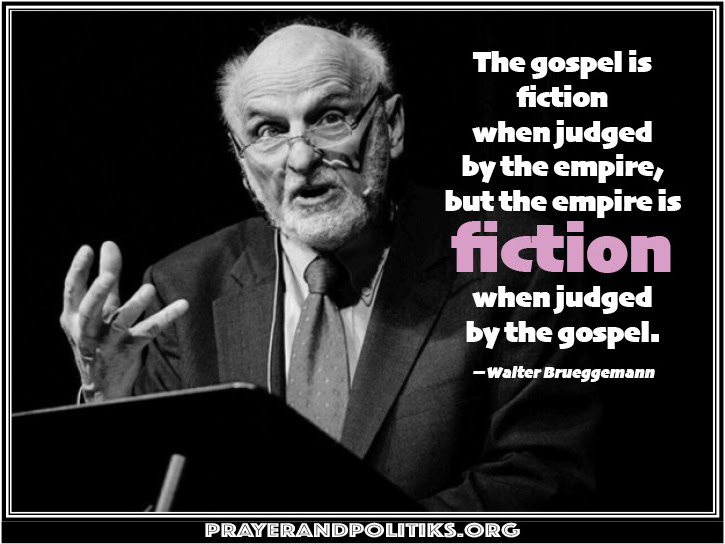 Water Brueggemann lecturing from a podium. Beside him are words he has written: "The Gospel is fiction when judged by the empire, but the empire is fiction when judged by the Gospel."