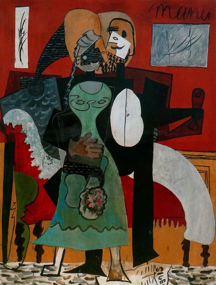 "The Lovers" by Pablo Picasso. A Cubist painting depicting a man and a woman embracing, composed of geometric shapes and contrasting colors such as red and green.
