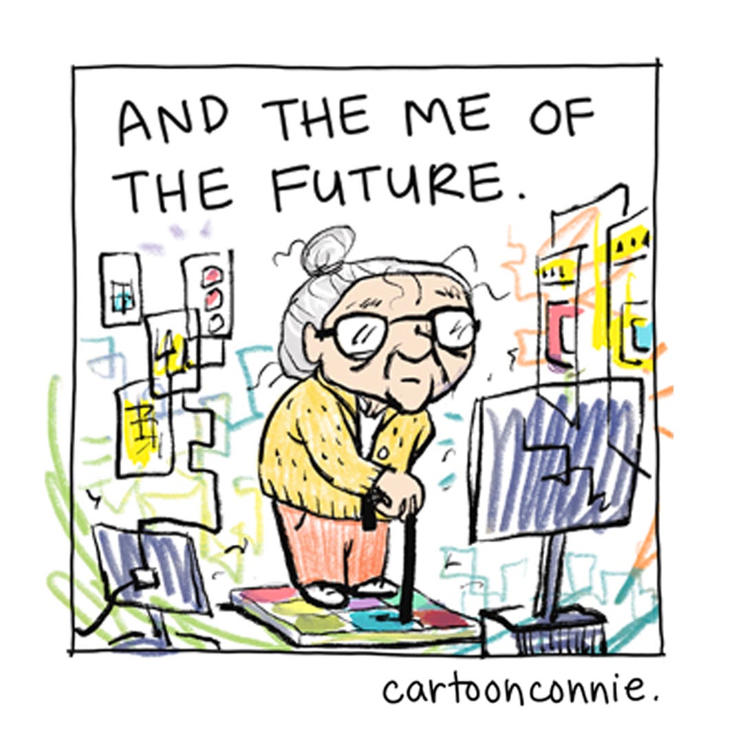 Panel 5 of a 6-panel comic strip about loving your past, present, and future selves. Each panel is a colorful cartoon portrait of the artist at different life stages, ending with an imagined future self as a little old lady in a futuristic setting. Titled "The Best Gift You Can Give Yourself." Original artwork by Connie Sun, cartoonconnie, 2025. Panel 5 of a 6-panel comic strip about loving your past, present, and future selves. Each panel is a colorful cartoon portrait of the artist at different life stages, ending with an imagined future self as a little old lady in a futuristic setting. Titled "The Best Gift You Can Give Yourself." Original artwork by Connie Sun, cartoonconnie, 2025.
