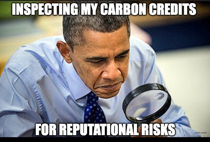 Barack Obama peering through a magnifying glass, captioned "Inspecting my carbon credits for reputational risks."