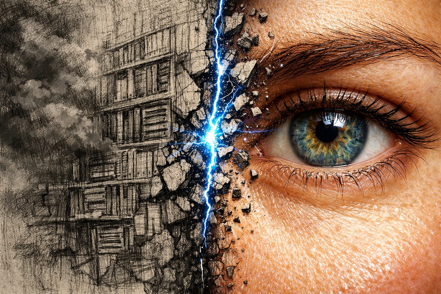 A split-screen composition. On the left, a gritty, dead charcoal sketch of crumbling archives and servers. On the right, a hyper-realistic, full-color close-up of a living human eye. A jagged blue lightning bolt separates the two realities. A split-screen composition. On the left, a gritty, dead charcoal sketch of crumbling archives and servers. On the right, a hyper-realistic, full-color close-up of a living human eye. A jagged blue lightning bolt separates the two realities.