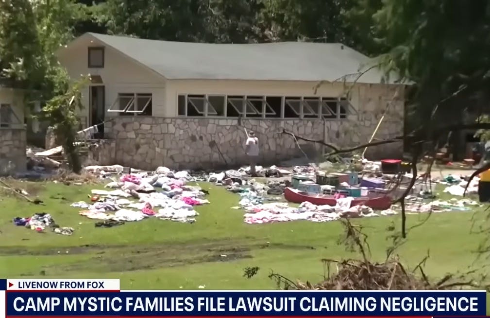 Screenshot of b-roll footage showing a worker among the debris taken out of one of the cabins that flooded at Camp Mystic in Texas. 27 children and staff from the camp died; several cabins were in a flood plain. More than 130 people in total died in the July 4 2025 flooding. Screenshot of b-roll footage showing a worker among the debris taken out of one of the cabins that flooded at Camp Mystic in Texas. 27 children and staff from the camp died; several cabins were in a flood plain. More than 130 people in total died in the July 4 2025 flooding.
