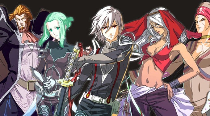 Key art from Infinite Space, featuring the protagonist at center, flanked by four other central characters from the large cast.