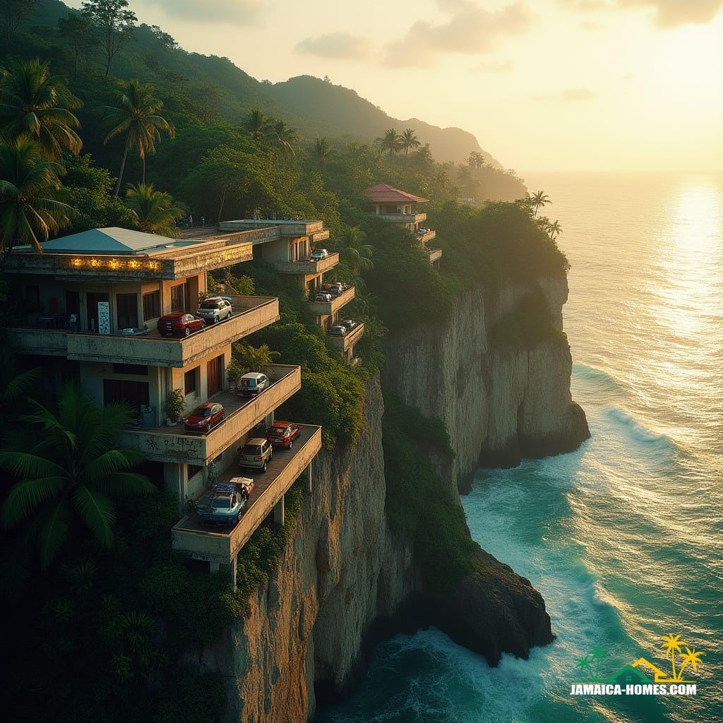 A breathtaking Jamaican cliff edge at golden hour, cascading multi-level apartments carved into limestone, skybridges linking towers, rooftop petrol station glowing softly, coconut trees swaying below, turquoise Caribbean Sea crashing at the base