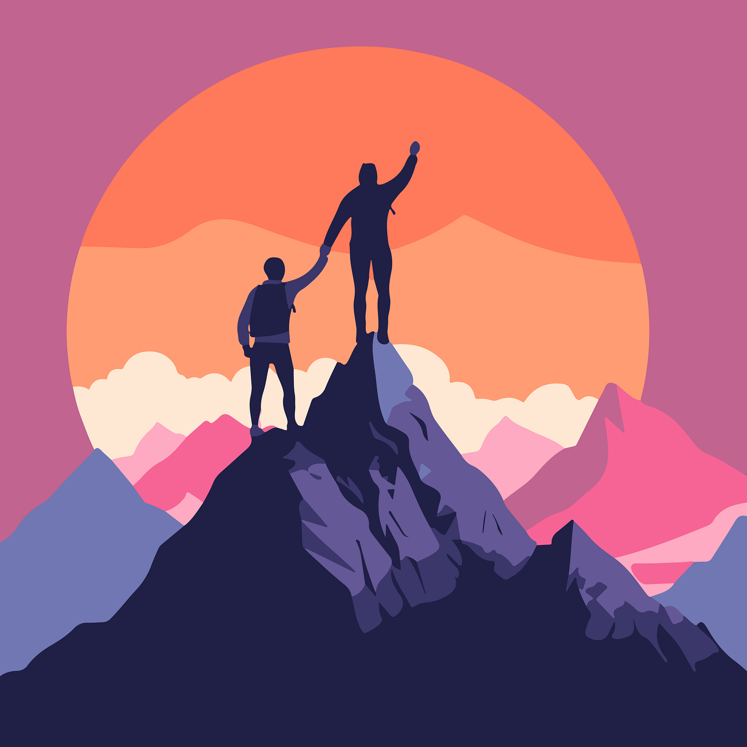 2 people celebrating, climbing to the top of the mountain