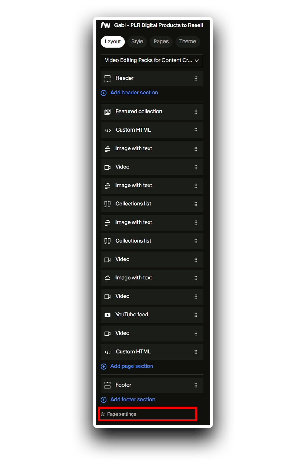 Screenshot by Gabi showing Fourthwall’s page settings area outlined in red for easy visibility.