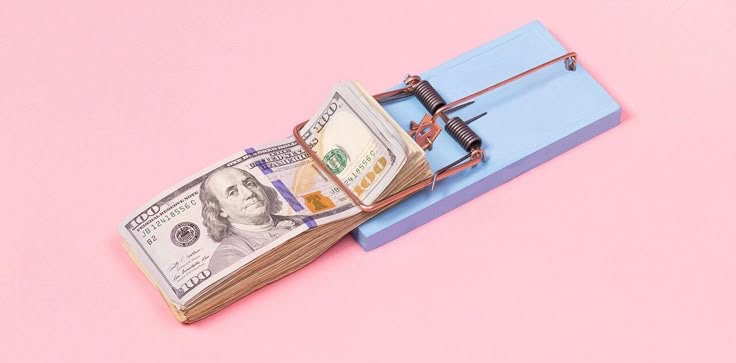This may contain: a mouse trap with money in it sitting on a pink and blue pad against a pink background