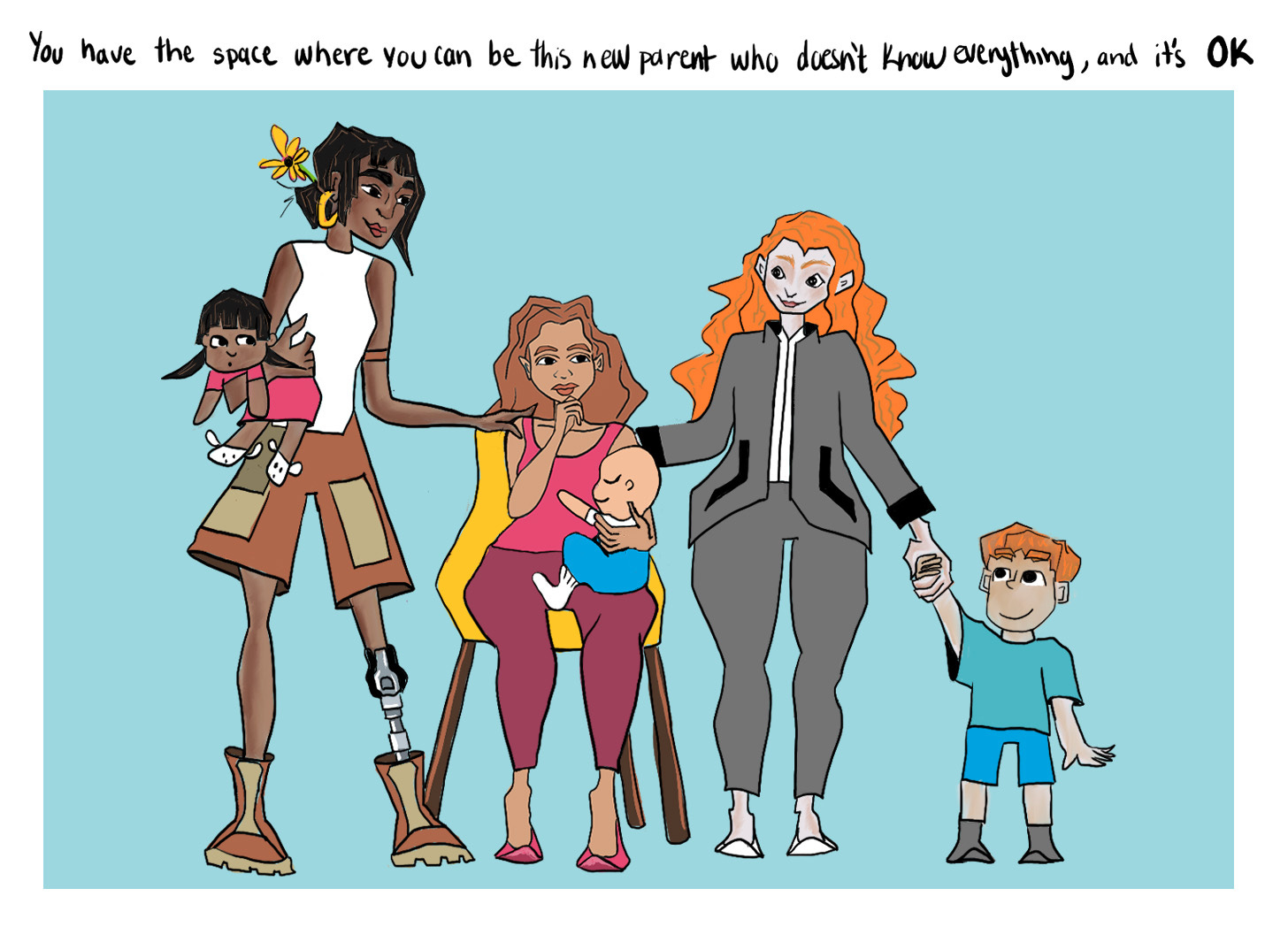 An illustration of a diverse group of parents and children standing together, with text above that reads: 'You have the space where you can be this new parent who doesn't know everything, and it's OK.'"