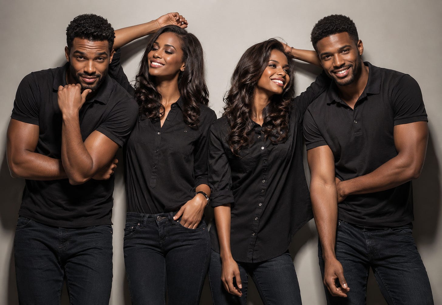 A stylish studio portrait featuring two Black couples posed confidently against a soft neutral backdrop. The four adults are arranged in a relaxed fashion-inspired formation, mirroring each other’s arm positions and body language with subtle symmetry. The men lean slightly forward with thoughtful but friendly expressions, while the women stand between them with soft smiles and flowing shoulder-length hair. All four wear coordinated black casual outfits, creating a sleek, modern, and polished look enhanced by warm studio lighting and gentle shadows. A stylish studio portrait featuring two Black couples posed confidently against a soft neutral backdrop. The four adults are arranged in a relaxed fashion-inspired formation, mirroring each other’s arm positions and body language with subtle symmetry. The men lean slightly forward with thoughtful but friendly expressions, while the women stand between them with soft smiles and flowing shoulder-length hair. All four wear coordinated black casual outfits, creating a sleek, modern, and polished look enhanced by warm studio lighting and gentle shadows.