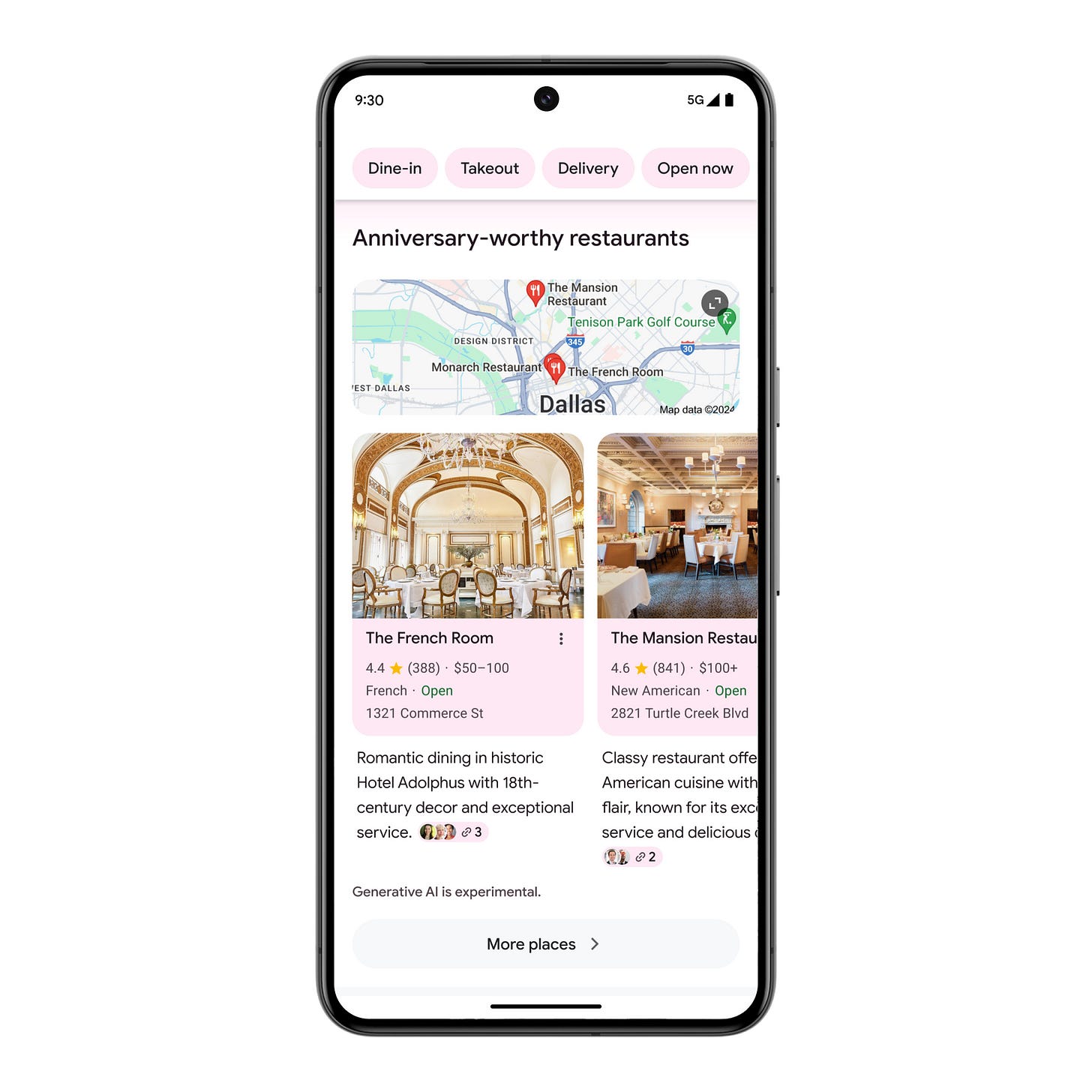 A screenshot of Google search results showing anniversary-worthy restaurants.