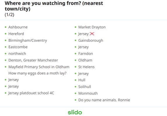 A list showing audience locations, from Ashbourne to Jersey.