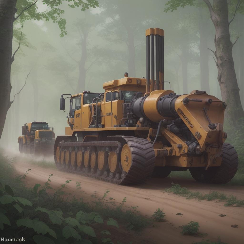 A Caterpillar 5450 drill on a dirt road in a fantasy forest, surrounded by purple elves and construction workers. A Caterpillar 5450 drill on a dirt road in a fantasy forest, surrounded by purple elves and construction workers.