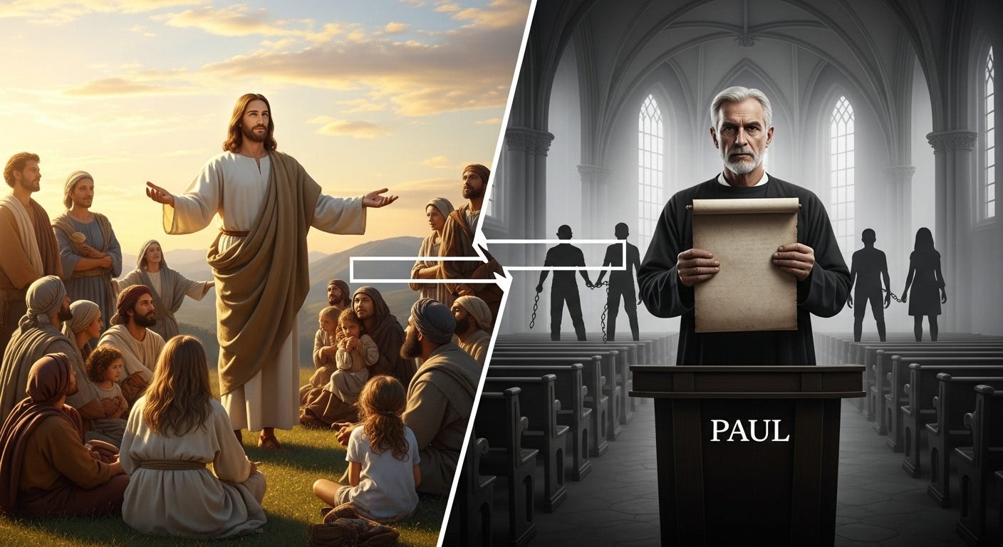 Split-screen collage of Jesus teaching with warmth on one side and Paul preaching with rigidity on the other, divided by a cracked cross symbol to represent how Paul’s teachings distorted Jesus’ message.