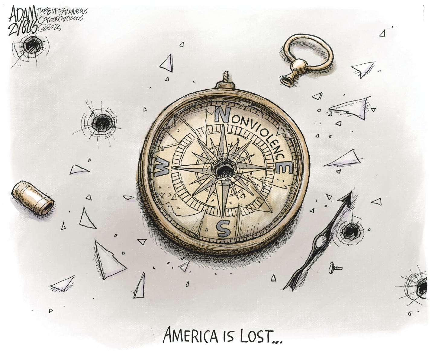 This cartoon is titled &amp;ldquo;America is lost&amp;hellip;&amp;rdquo; It depicts a shattered handheld compass surrounded by broken glass, fragments of metal, and a bullet casing. The &amp;ldquo;N&amp;rdquo; on the compass reads, &amp;ldquo;Nonviolence.&amp;rdquo;