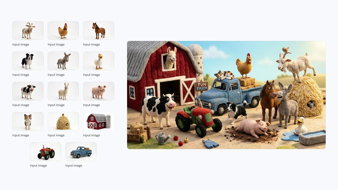 A silly and joyful image showing 14 consistent characters and items having fun together in a farm setting