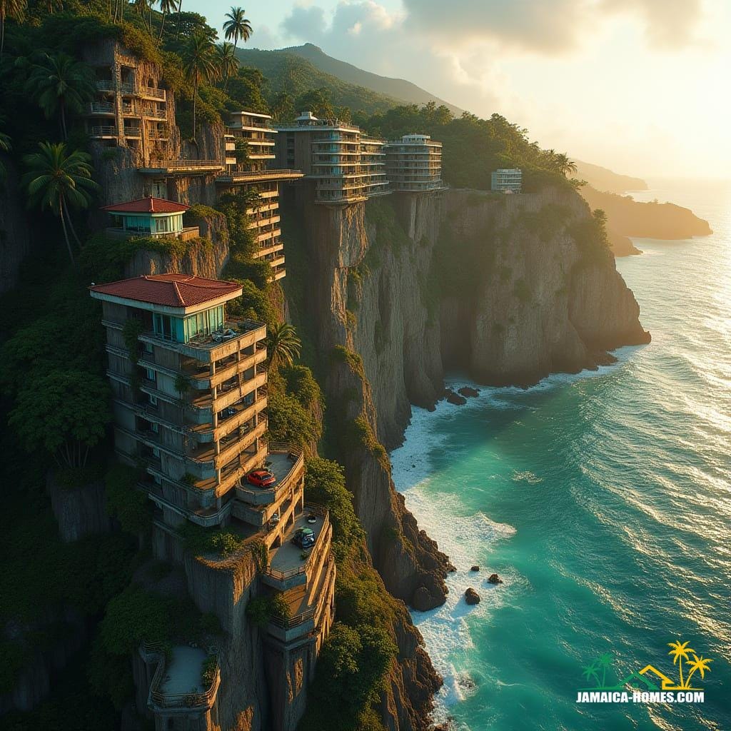 A breathtaking Jamaican cliff edge at golden hour, cascading multi-level apartments carved into limestone, skybridges linking towers, rooftop petrol station glowing softly, coconut trees swaying below, turquoise Caribbean Sea crashing at the base