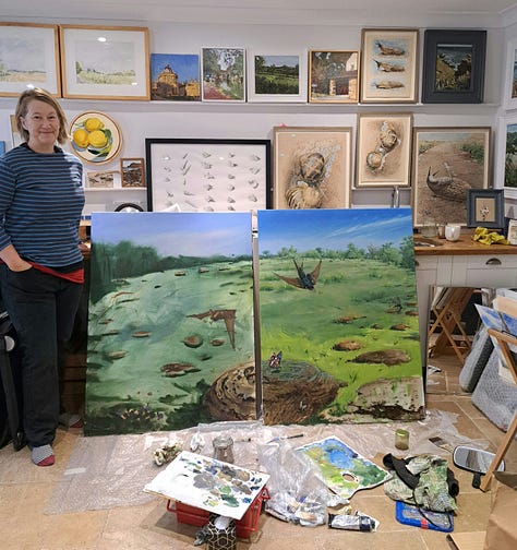 Pictures of Gail's work. Portrait of Cato Pedder, The models with The Raft Of The Medusa, Gail and Katie Hessel at her book launch, with Markus Bell in front of Amit Ghose's portrait, with Dungscape in progress, with the weaver I sketched in Marakech