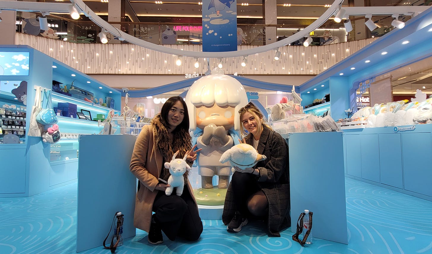 Brigitta Blair and Jessica at an indoor video game popup shop located inside a mall in China Brigitta Blair and Jessica at an indoor video game popup shop located inside a mall in China