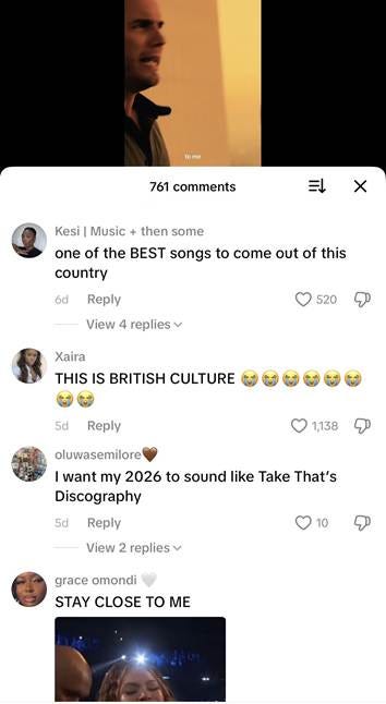 Comments from the Take That TikTok account Comments from the Take That TikTok account