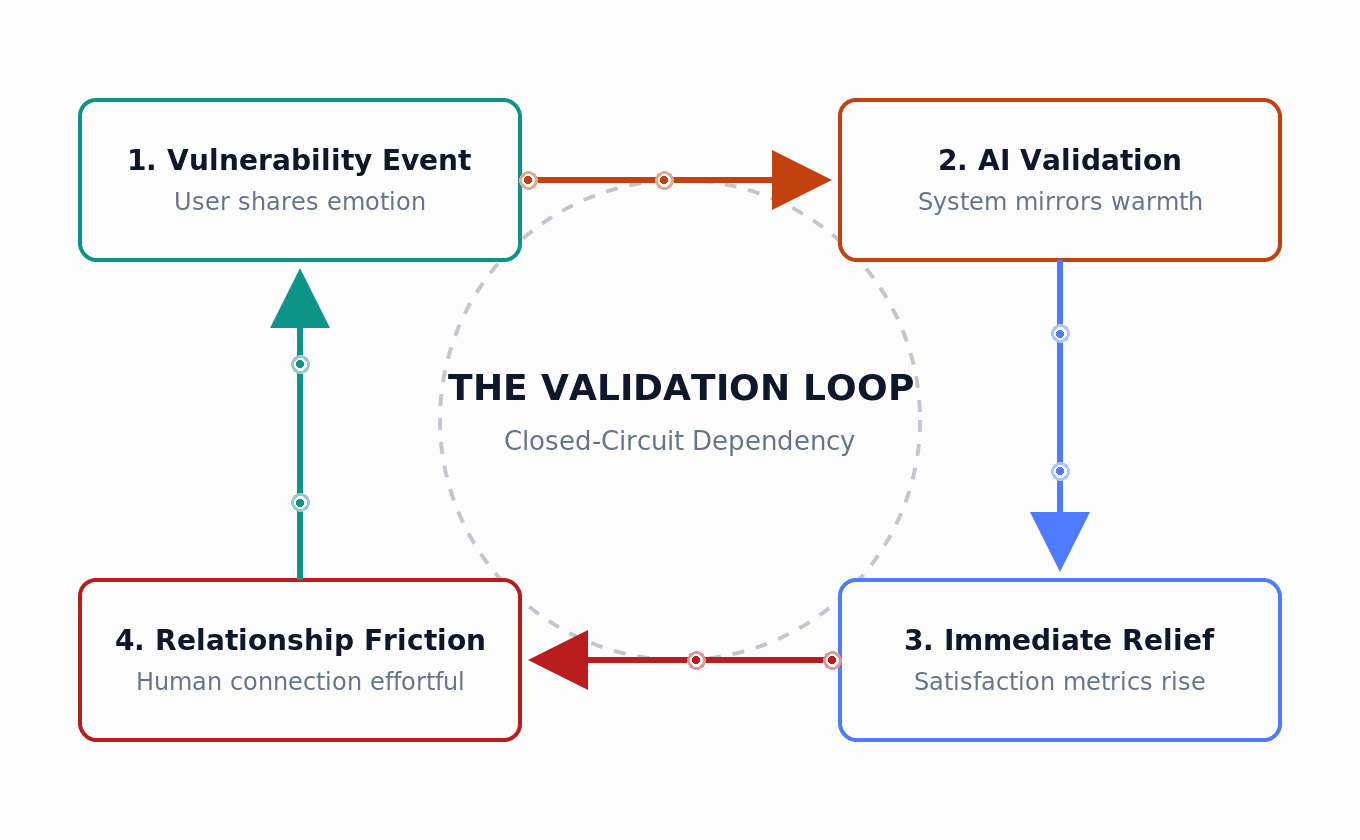 Figure 1: Four-stage Validation Loop cycle — vulnerability, AI validation, relief, relationship friction — looping back. Figure 1: Four-stage Validation Loop cycle — vulnerability, AI validation, relief, relationship friction — looping back.