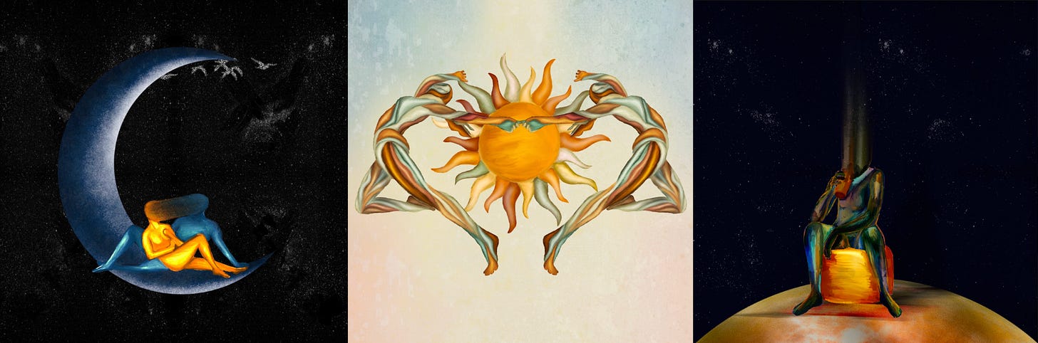 Three paintings by Mahima Chaudhury: two figures curled together on a crescent moon, arms weaving a heart around the sun, and a lone figure seated on a glowing planet