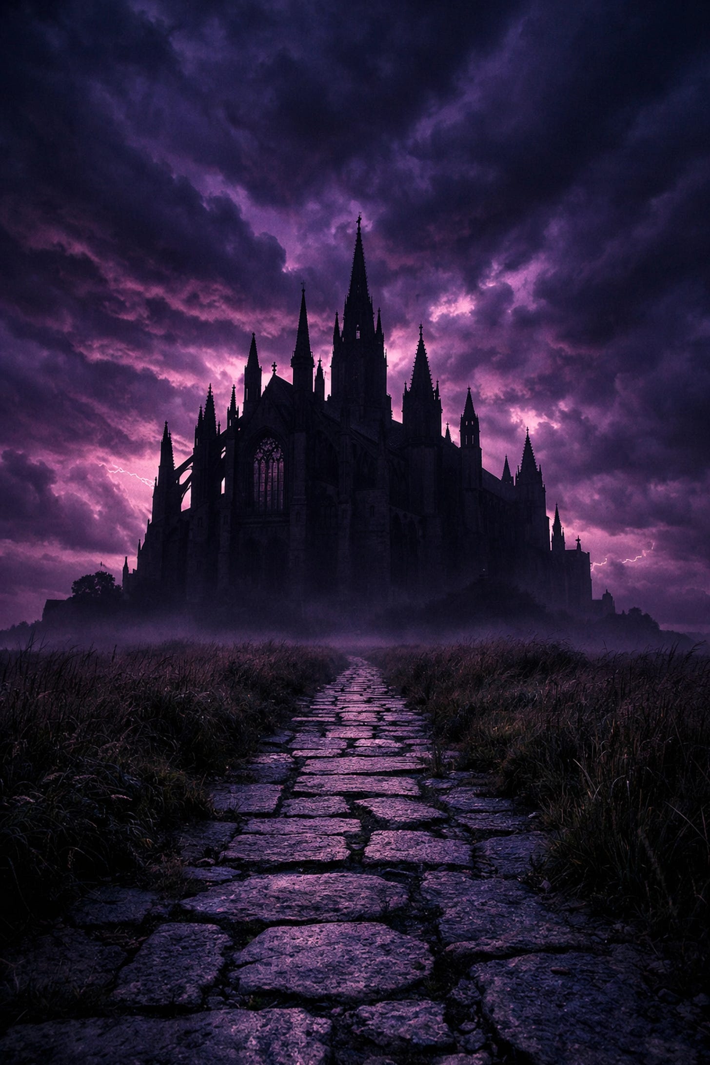 A Gothic cathedral stands firm against storm clouds, symbolizing the Church as a steady foundation in history.