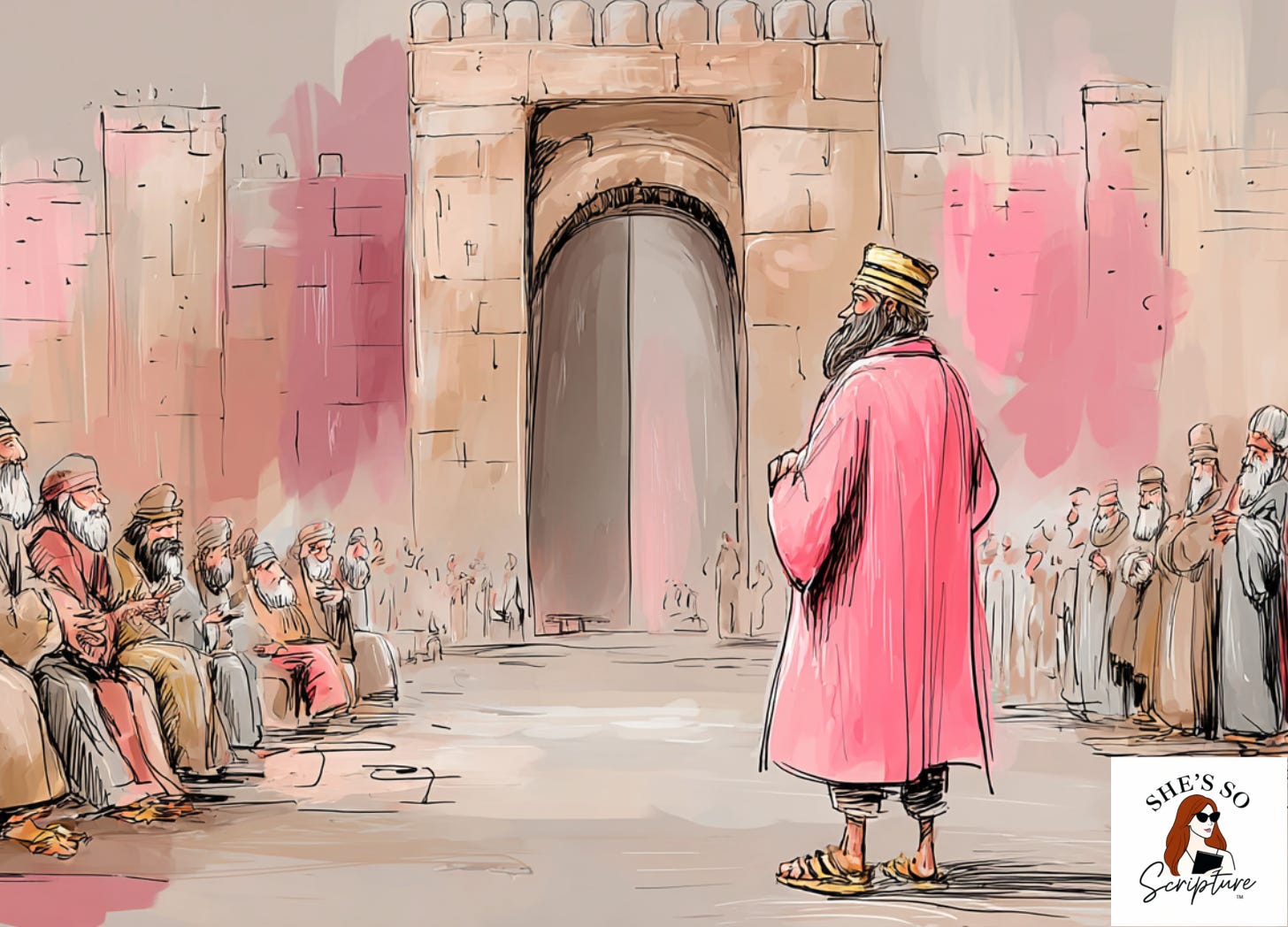 Illustrated scene of an ancient Israelite legal ceremony at a city gate with elders as witnesses, evoking the sandal transaction in Ruth chapter four.