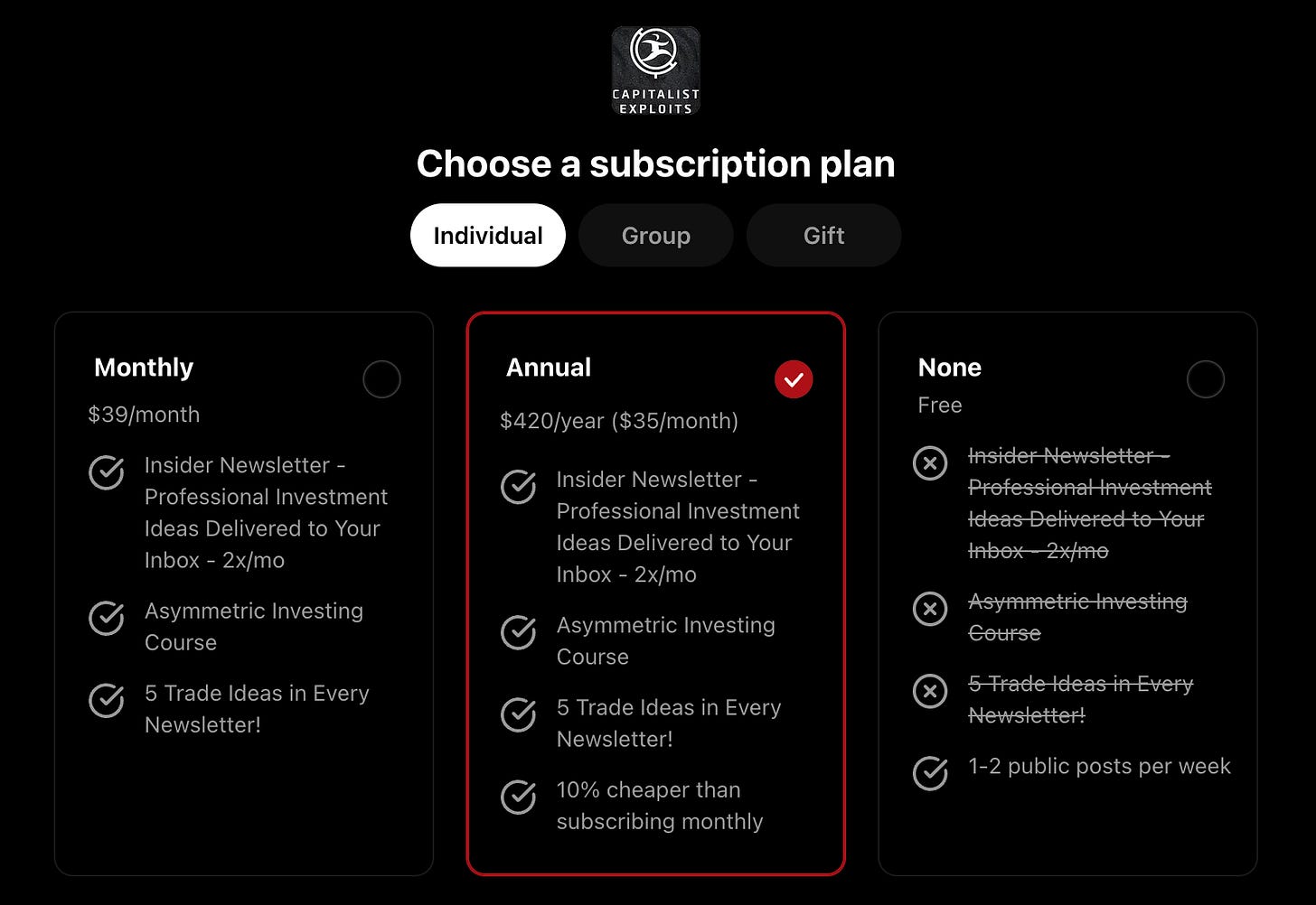 Subscription plan pricing page showing monthly, annual and free options for investment newsletter
