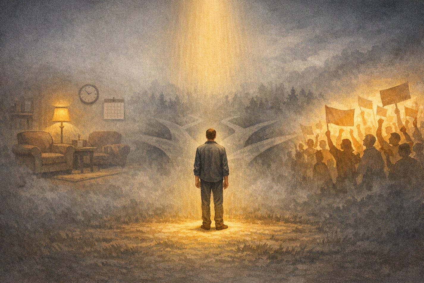 Editorial illustration of a person standing on illuminated present ground, surrounded by symbols of forgotten mortality, anxious imagined futures, and factional spectacle.