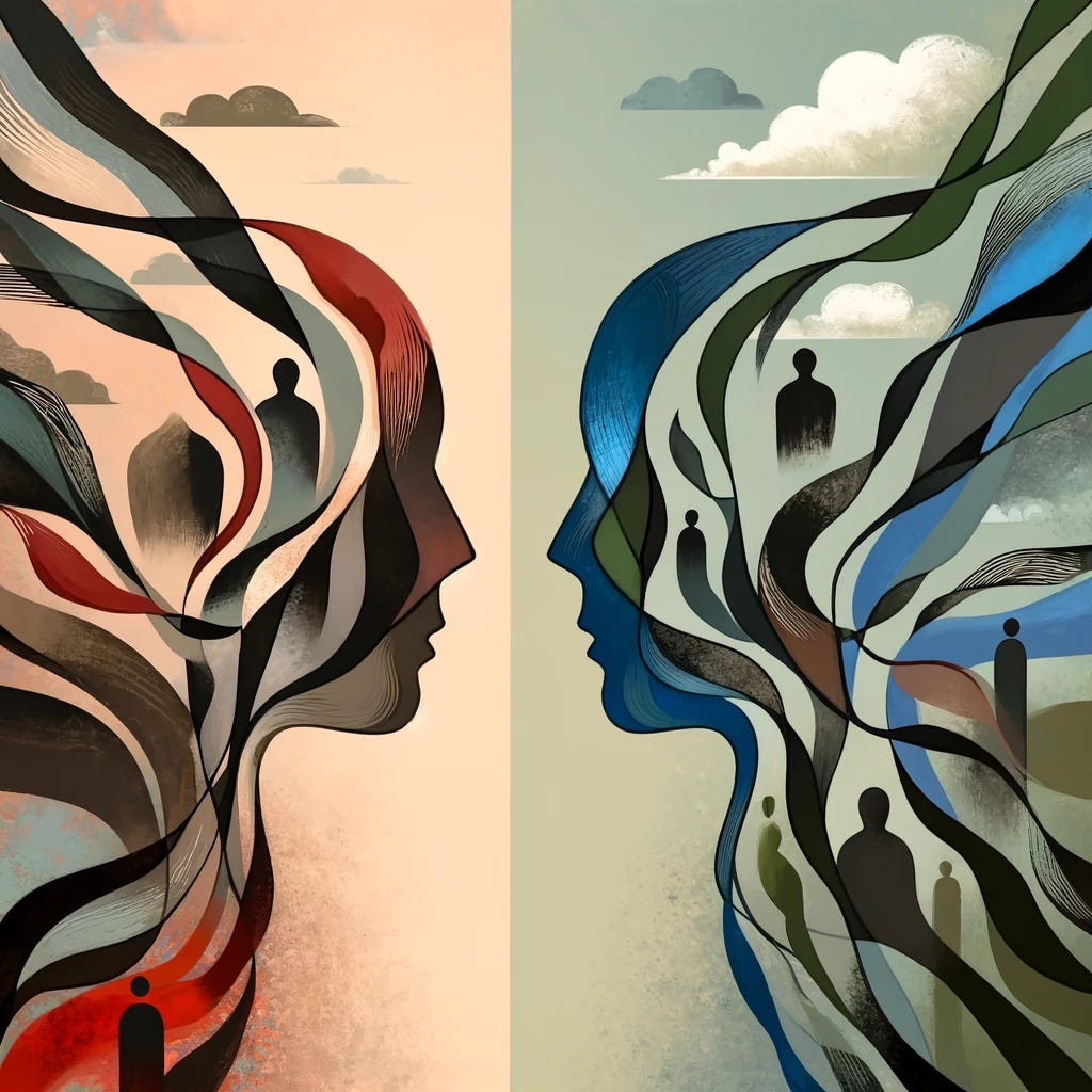 A split composition featuring two abstract sides. On the left, subtle shades of tension and conflict are represented by jagged, overlapping lines in muted red and black, symbolizing struggles and accusations. On the right, softer, intertwining shapes in calm blue and green illustrate dialogue, hope, and coexistence. A few abstract human figures within the scene convey ongoing discourse and personal impacts. The overall mood is thoughtful, evoking a sense of striving towards understanding and resolution.