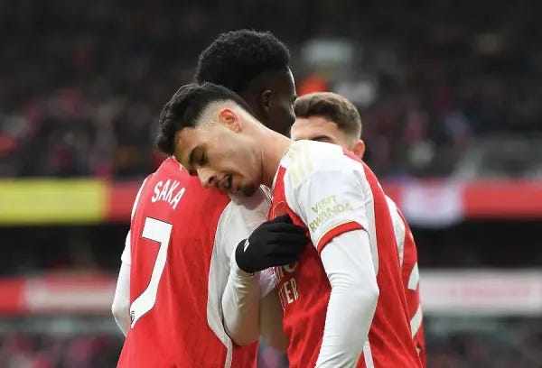 Arsenal Martinelli and Saka Celebrate Historic Fourth Goal Print. Art  Prints, Posters & Puzzles from Arsenal FC