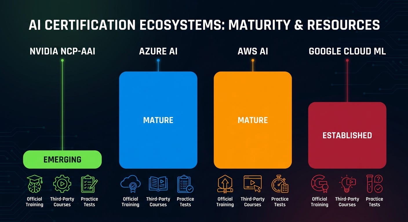 AI Agents cert prep ecosystem comparison: NVIDIA NCP-AAI emerging resources versus mature Azure, AWS, and established Google certification prep depth AI Agents cert prep ecosystem comparison: NVIDIA NCP-AAI emerging resources versus mature Azure, AWS, and established Google certification prep depth