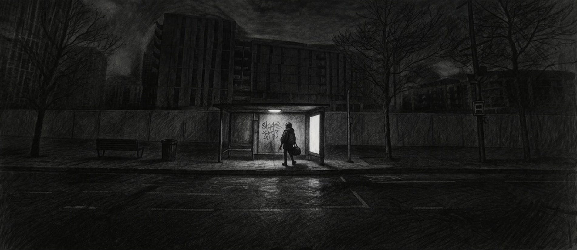 Stylised image of an individual waiting in a bus shelter at night, based on a Streetview image of the actual bus stop.