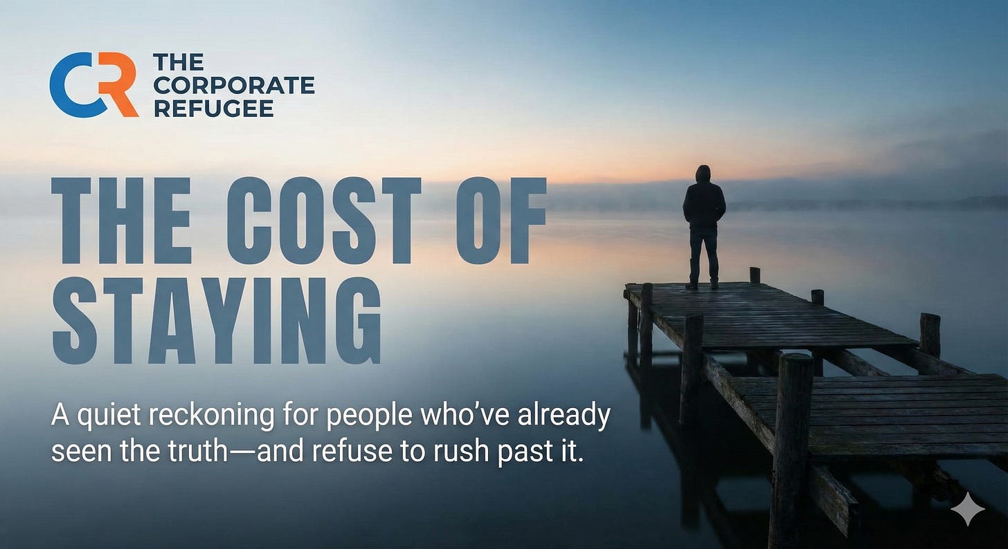 Substack cover image for 'THE CORPORATE REFUGEE' newsletter. The main title reads 'THE COST OF STAYING' in large blue-gray text, with the subtitle below: 'A quiet reckoning for people who’ve already seen the truth—and refuse to rush past it.' The background is a contemplative photo of a lone person standing at the end of a wooden dock, looking out over a misty lake at sunrise.
