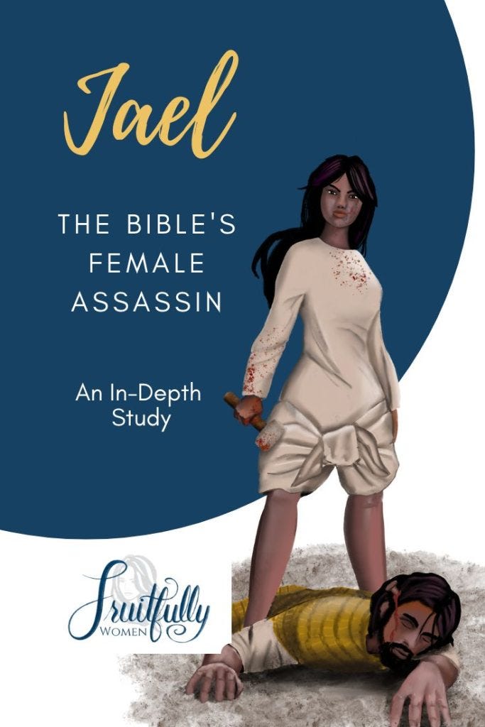 Image of Jael in the Bible, aka Yael, standing over General sisera after she killed him with a tent peg with the words, "Jael, the Bible's Female Assasin." Image of Jael in the Bible, aka Yael, standing over General sisera after she killed him with a tent peg with the words, "Jael, the Bible's Female Assasin."