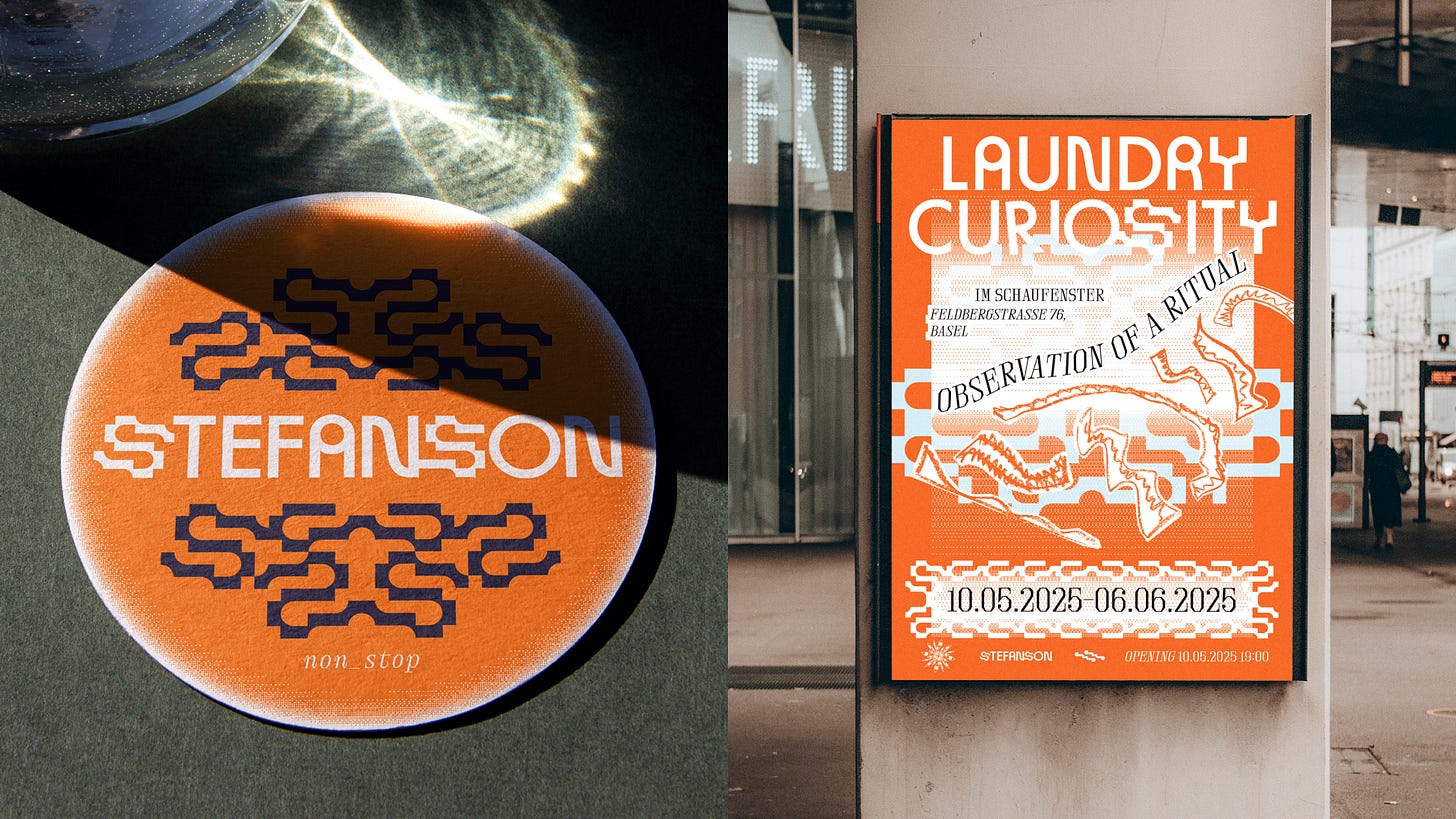 Left: A round orange coaster with the word “STEFANSON” in a stylized typeface. Right: An orange poster promoting “Laundry Curiosity: Observation of a Ritual” exhibition in Basel, with dates and venue details.