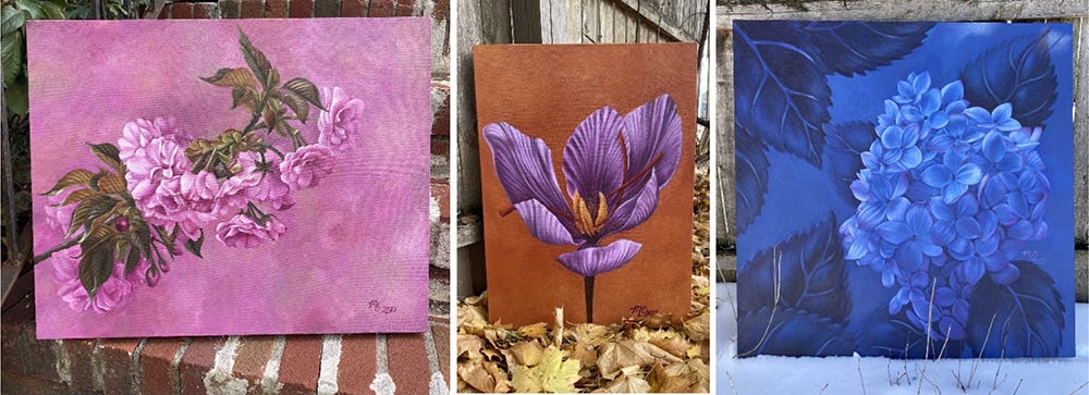 Three floral-motif paintings by Madeline S. Cappelloni Three floral-motif paintings by Madeline S. Cappelloni
