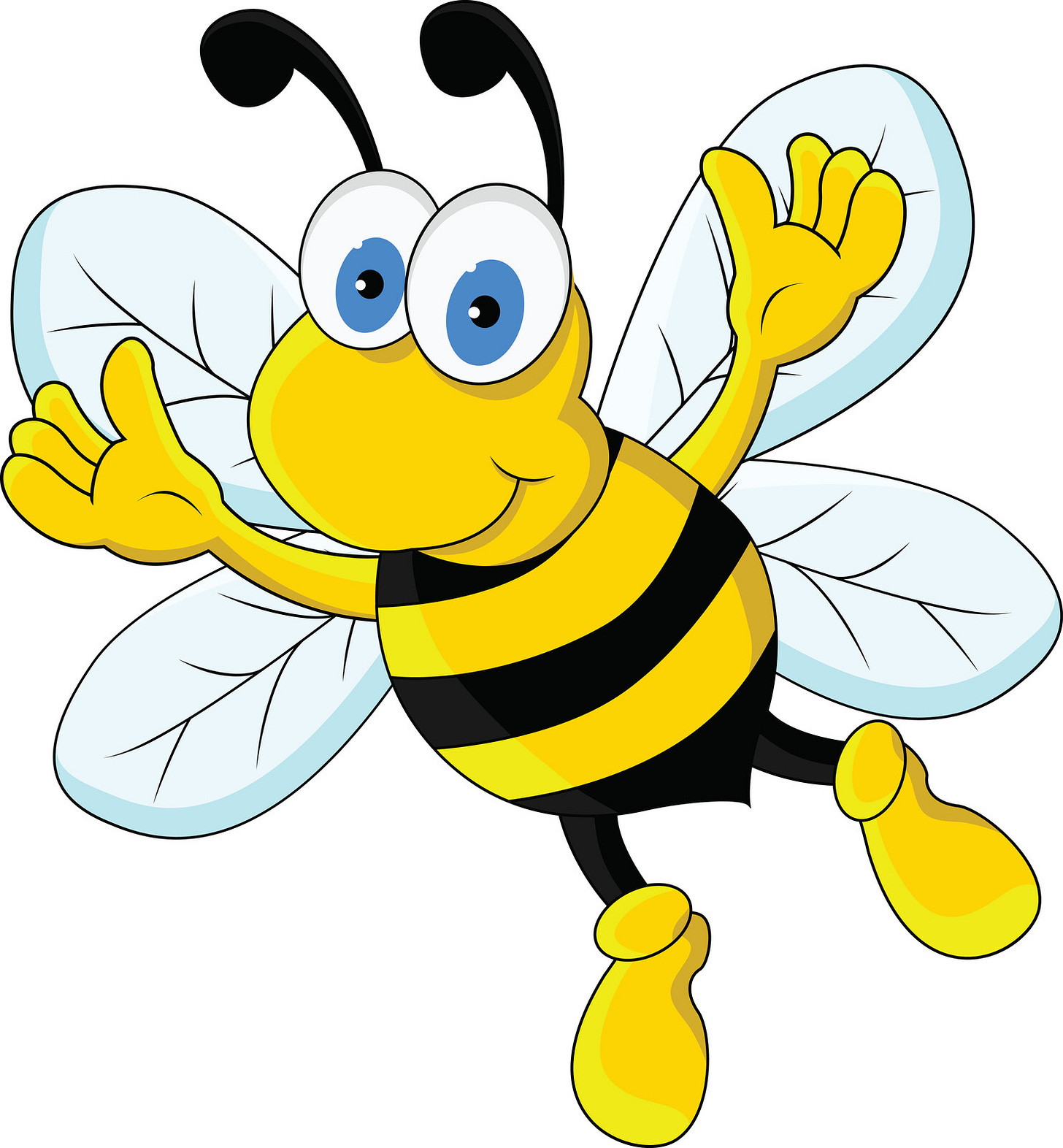 Cartoon of a cheerful yellowjacket with blue eyes and black-and-yellow stripes