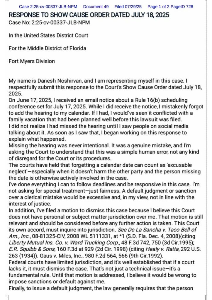 Delusional Danesh’s Theme Park Skip: On Aug 27, Judge Mizell decides if $20M defamation case against Noshirvan ends in sanctions or default.