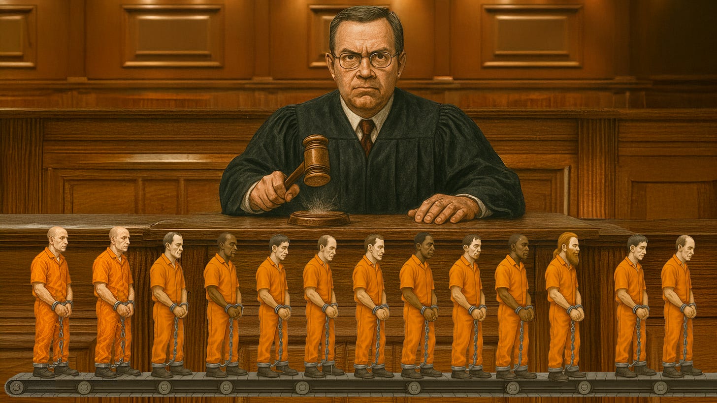 Illustration of a judge striking a gavel while a line of chained prisoners in orange jumpsuits moves past on a conveyor belt, symbolizing prosecutors driving mass incarceration while judges preside as overseers. Illustration of a judge striking a gavel while a line of chained prisoners in orange jumpsuits moves past on a conveyor belt, symbolizing prosecutors driving mass incarceration while judges preside as overseers.
