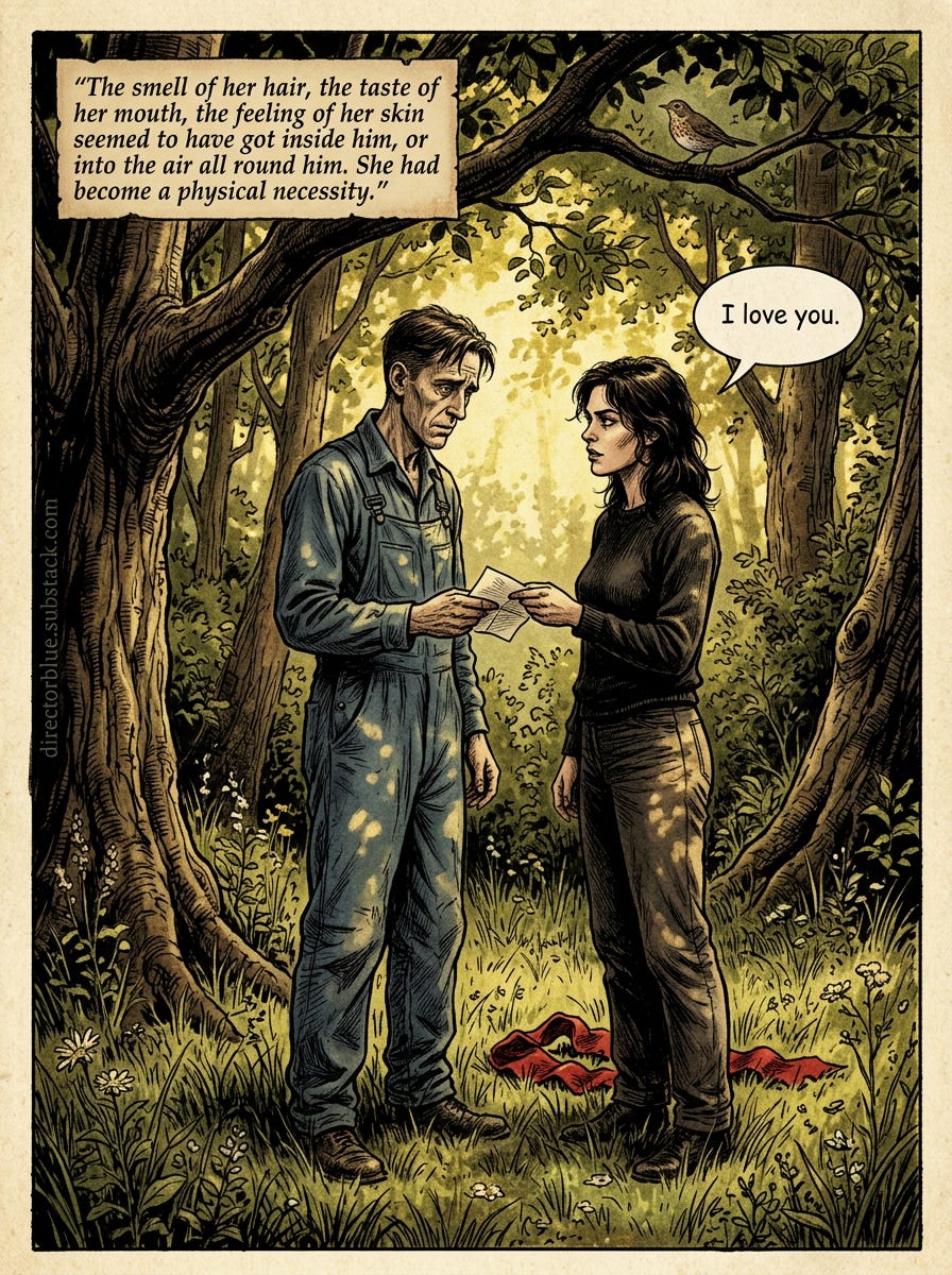 orwells 1984 scene - Image PromptA charged romantic 3x4 vertical composition in Paolo Serpieris lush sensual realist style rich earth tones dappled golden sunlight filtering through trees Winston and Julia stand together in a hidden clearin_image_1 orwells 1984 scene - Image PromptA charged romantic 3x4 vertical composition in Paolo Serpieris lush sensual realist style rich earth tones dappled golden sunlight filtering through trees Winston and Julia stand together in a hidden clearin_image_1