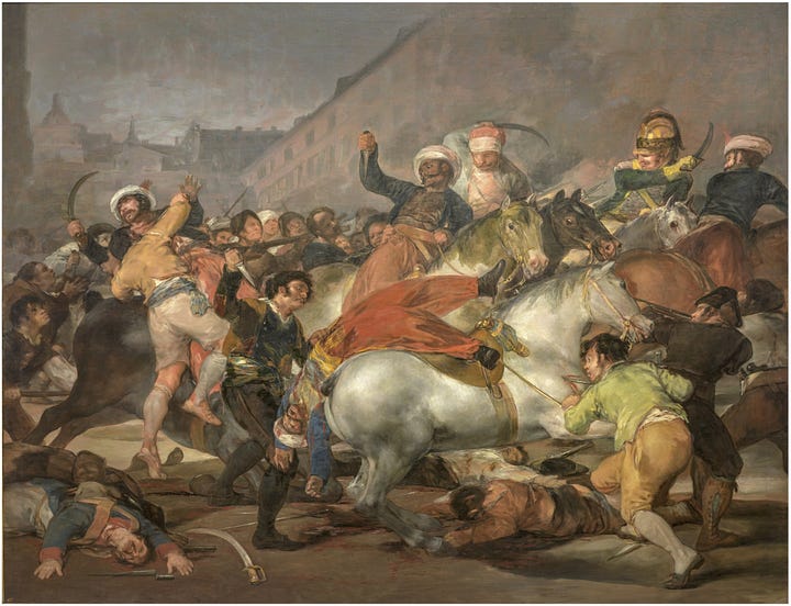 two side by side paintings of warfare, one during day with mounted soldiers battling masses on foot. The other a nighttime scene where a firing line aims at a peasant with arms held up.