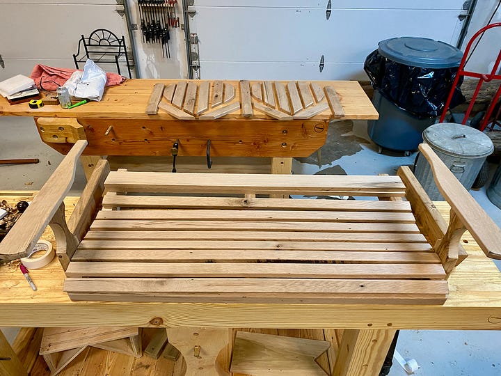 Photos show a bench swing being rebuilt.