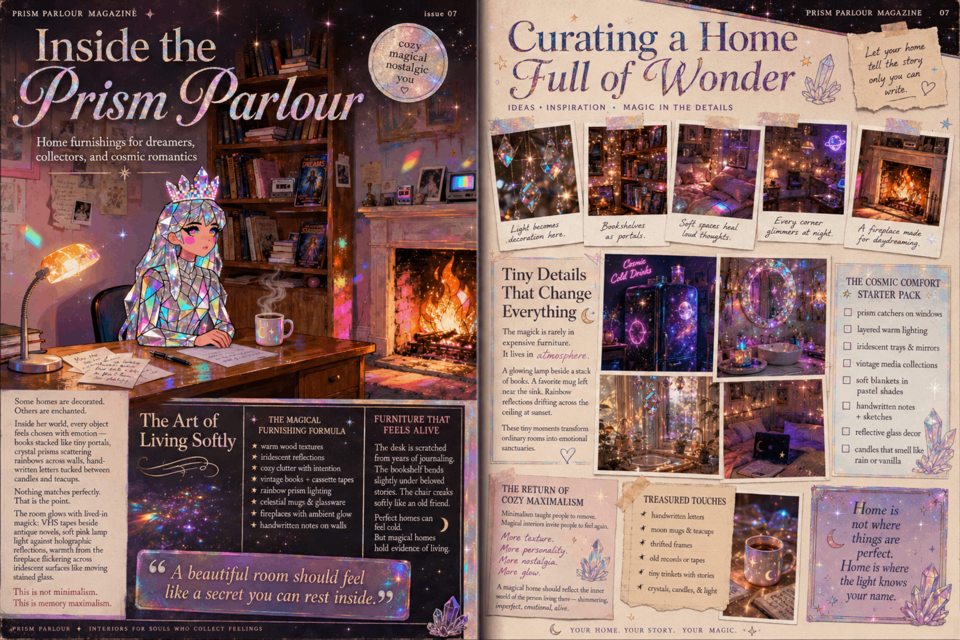 A cozy enchanted room full of crystals, books, and prism light
