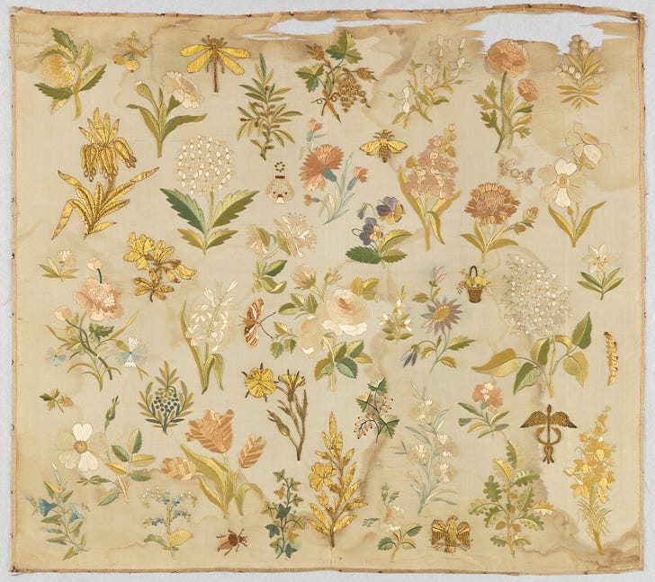 Multicolored silk and a variety of metallic yarns sampler, unknown artist, 1850.
